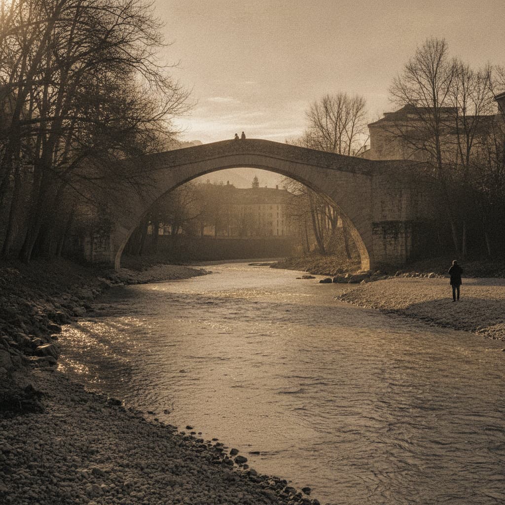 Steinbogenbrücke über einen Fluss mit Kiesufer und kahlen Winterbäumen im Gegenlicht